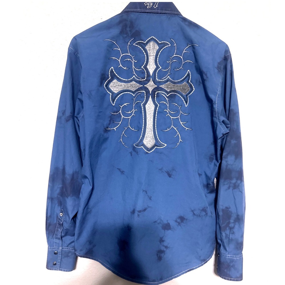 Rock 47 Mens Tie Dye Western Shirt Pearl Snap Buttons Embroidered Cross Blue Med